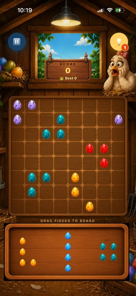 EggBlocks gameplay: an 8×8 wooden board with egg pieces, a hint button, and a tray of three shapes