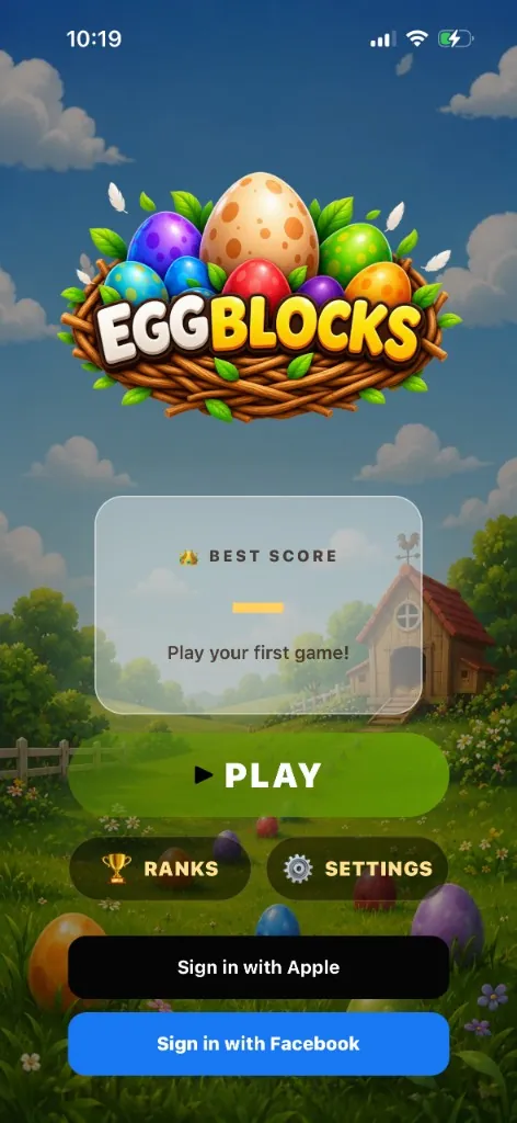 EggBlocks home screen with Play, Ranks, and Settings