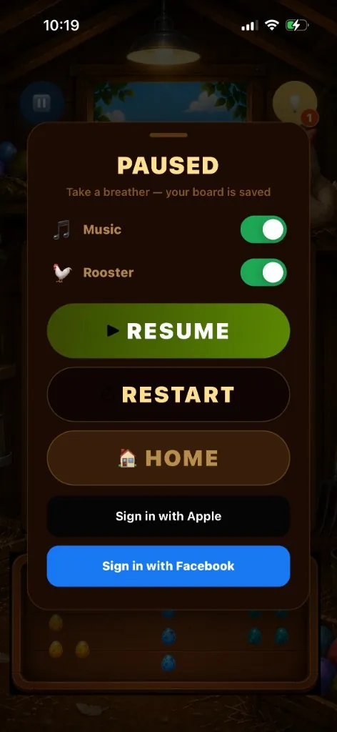 EggBlocks pause menu with music and rooster toggles