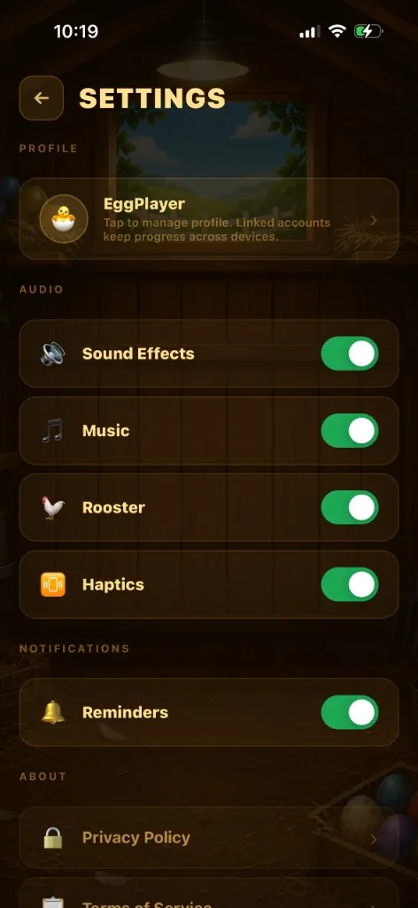 EggBlocks settings with audio, rooster, haptics, and reminders