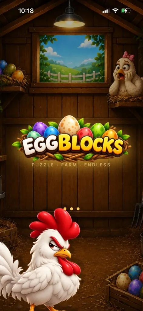 EggBlocks splash screen with rooster, hen, and nest logo